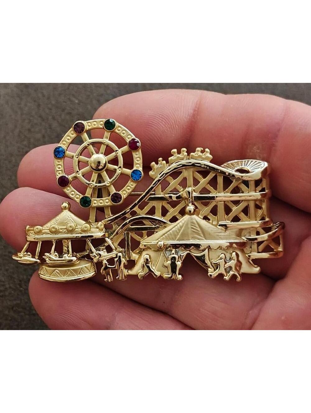 1980s Signed AJC Carnival Themed Gold Tone Brooch.